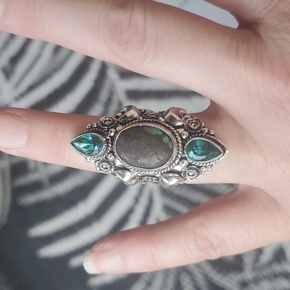 New Turquoise & Diopside 925 Silver Crescent Moon Statement Ring. - Picture 6 of 12